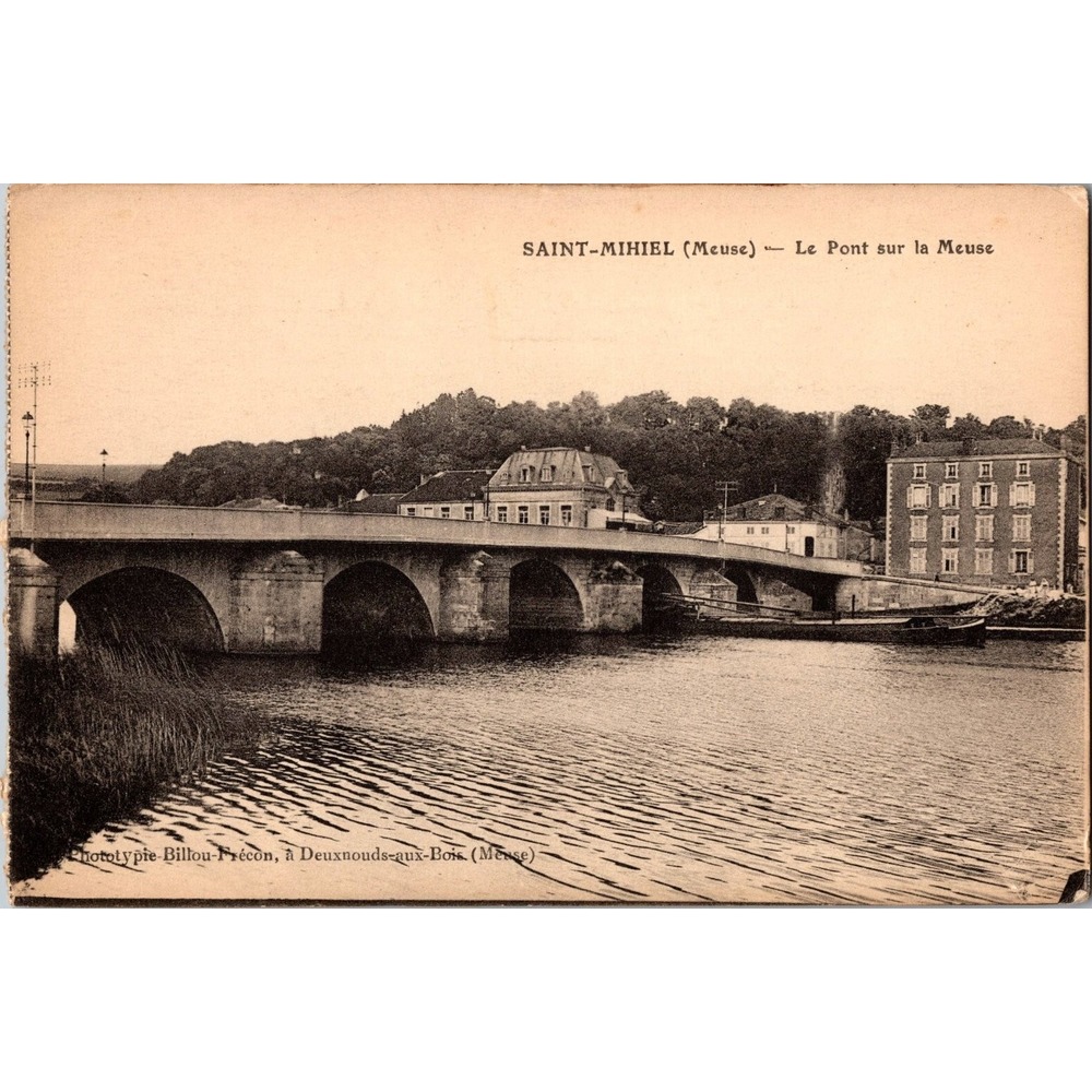 Vintage Saint-Mihiel Bridge on Meuse River‎ France Black & White Postcard